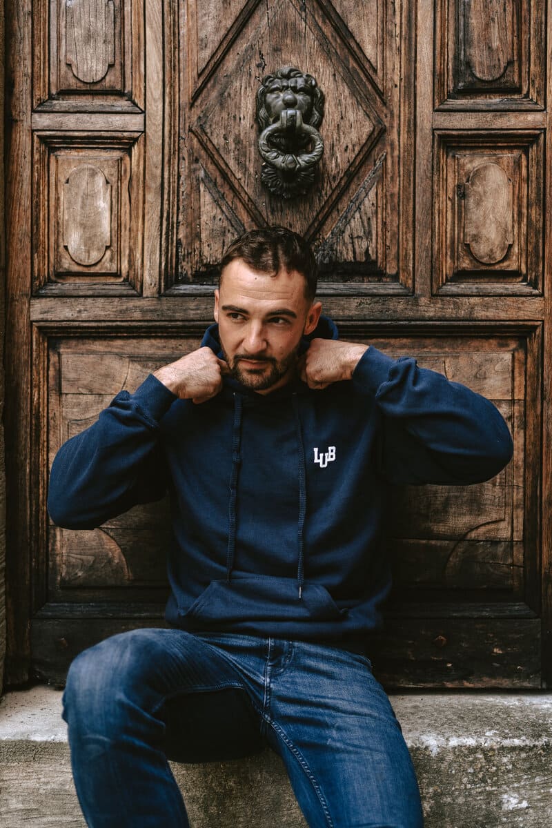 Sweat-shirt à capuche homme bleu marine imprimé LUB