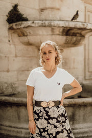 Tee-shirt coton femme col V blanc imprimé LUB