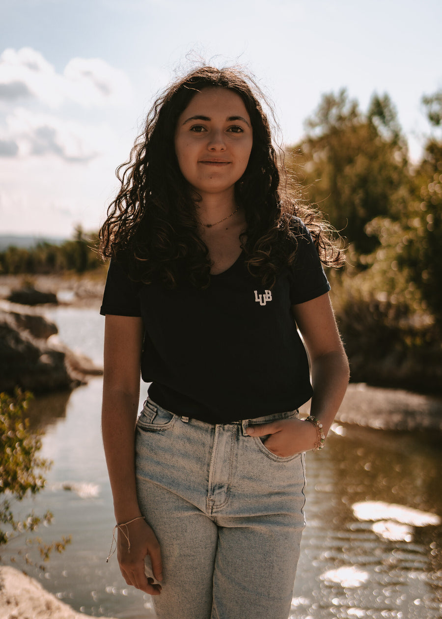 Tee-shirt coton femme col V bleu marine imprimé LUB