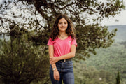 Tee-shirt coton femme col V rose fuschia imprimé LUB